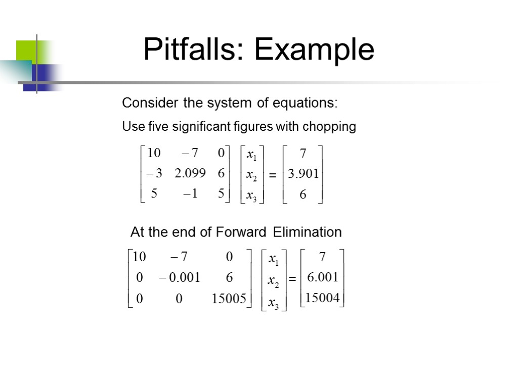 Pitfalls: Example Consider the system of equations: Use five significant figures with chopping =